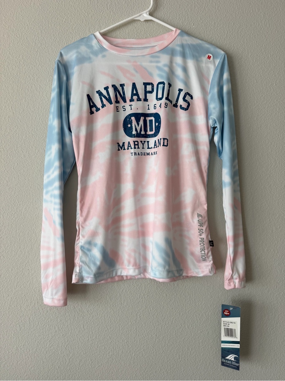 Ocean Blue Annapolis Maryland UPF 50+ Long Sleeve Sun Shirt Sz M Tie Dye NWT